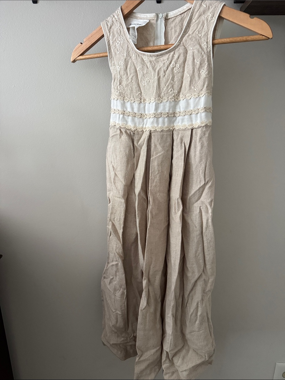 Girls Neutral Linen/Lace Detail Maxi Dress with White Trim size 8 Bonnie Jean